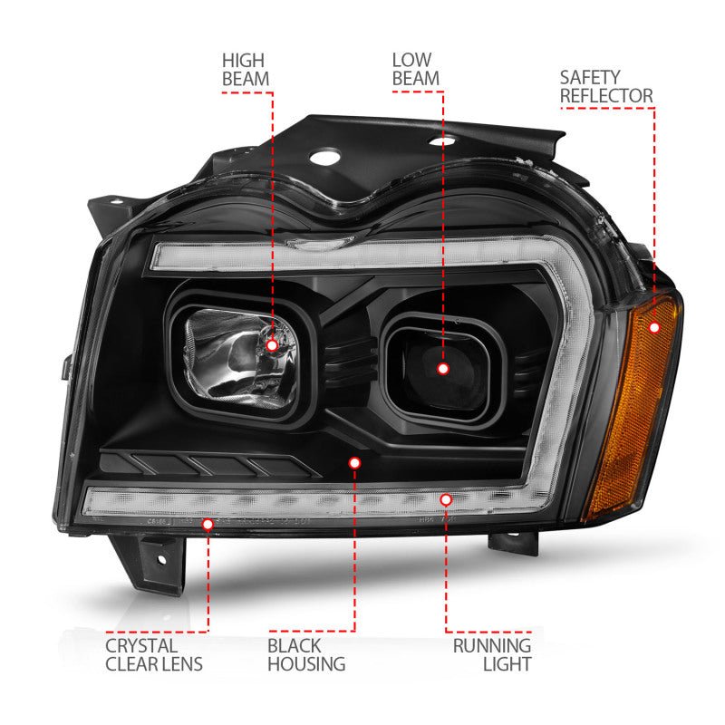 ANZO - ANZO 2005-2007 Jeep Grand Cherokee Projector Headlights w/ Light Bar Switchback Black Housing - Demon Performance