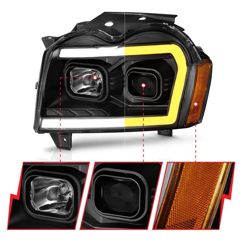 ANZO - ANZO 2005-2007 Jeep Grand Cherokee Projector Headlights w/ Light Bar Switchback Black Housing - Demon Performance