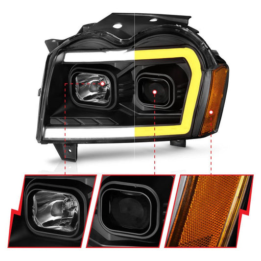 ANZO - ANZO 2005-2007 Jeep Grand Cherokee Projector Headlights w/ Light Bar Switchback Black Housing - Demon Performance