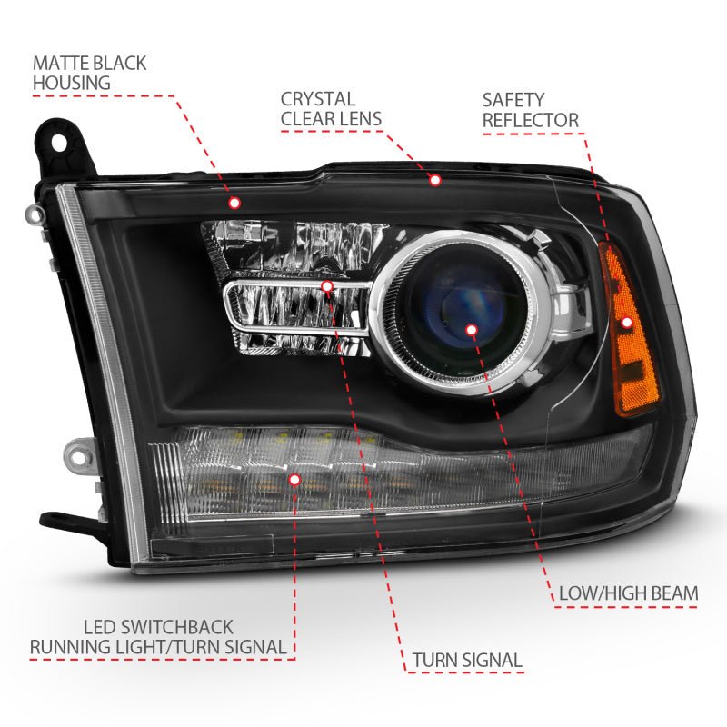 ANZO - ANZO 2009-2018 Dodge Ram 1500 Projector Headlights Plank Style Halo w/Switchback Matte Black - Demon Performance