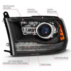 ANZO - ANZO 2009-2018 Dodge Ram 1500 Projector Headlights Plank Style Halo w/Switchback Matte Black - Demon Performance