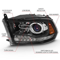 ANZO - ANZO 2009-2018 Dodge Ram 1500 Projector Plank Style Switchback H.L Halo Black Amber (OE Style) - Demon Performance
