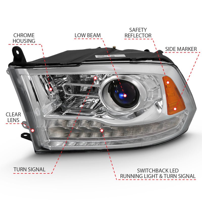 ANZO - ANZO 2009-2018 Dodge Ram 1500 Projector Plank Style Switchback H.L Halo Chrome Amber (OE Style) - Demon Performance