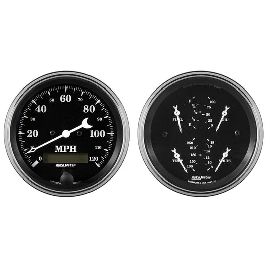 AutoMeter - Auto Meter Gauge Kit 2 pc. Quad & Speedometer 3 3/8in Old Tyme Black - Demon Performance