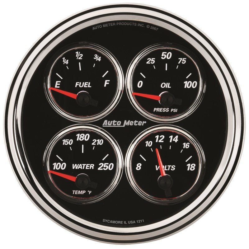 AutoMeter - Autometer Designer Black II 100PSI/100-250 Deg F/8-18 Volt Oil Press/Water Temp/Volt/Fuel Quad Gauge - Demon Performance