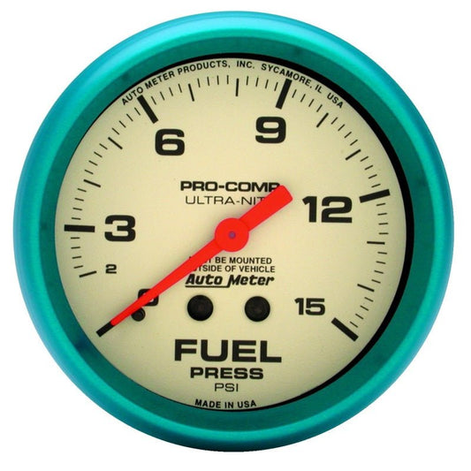 AutoMeter - AutoMeter Gauge Fuel Press 2-5/8in. 15PSI Mech. Glow In The Dark Ultra-Nite - Demon Performance