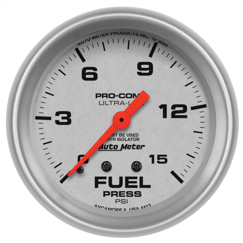 AutoMeter - AutoMeter Gauge Fuel Pressure 2-5/8in. 15PSI Mechanical W/Isolator Ultra-Lite - Demon Performance