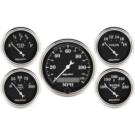 AutoMeter - AutoMeter Gauge Kit 5 Pc. 3-1/8in. & 2-1/16in. Elec. Speedometer Old Tyme Black - Demon Performance