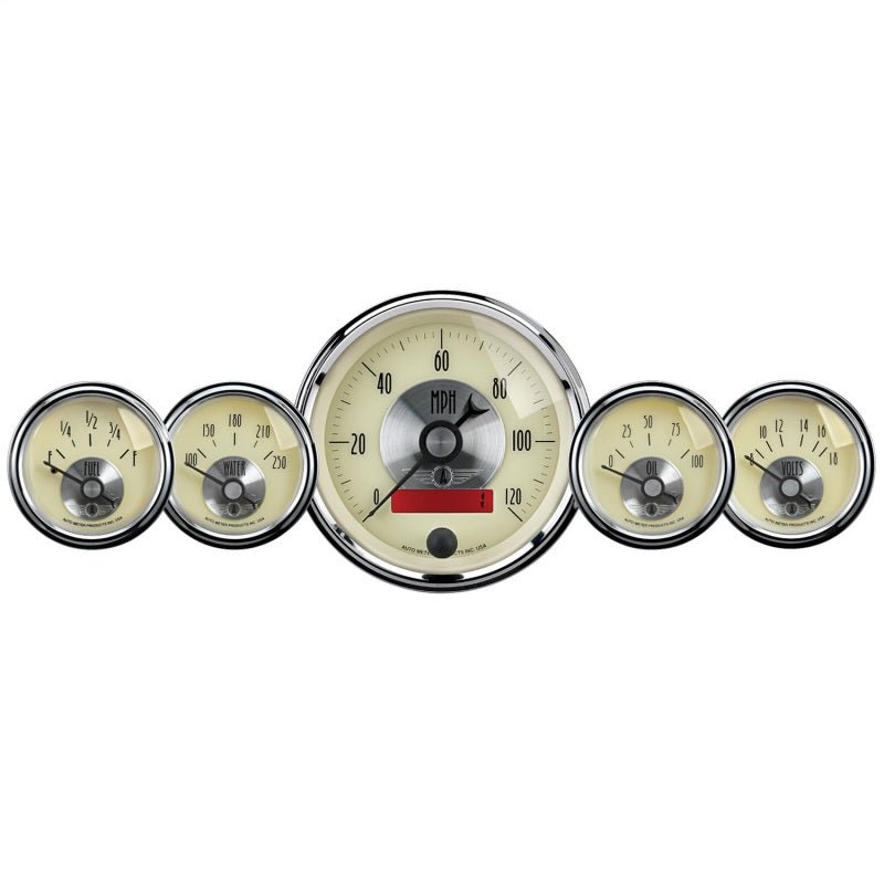 AutoMeter - AutoMeter Gauge Kit 5 Pc. 3-3/8in. & 2-1/16in. Elec. Speedo W/Lcd Odo Prestige Antq. Ivory - Demon Performance