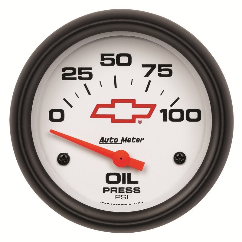 AutoMeter - AutoMeter Gauge Oil Pressure 2-5/8in. 100PSI Electric Chevy Red Bowtie White - Demon Performance