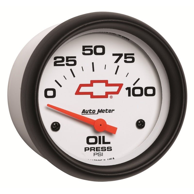AutoMeter - AutoMeter Gauge Oil Pressure 2-5/8in. 100PSI Electric Chevy Red Bowtie White - Demon Performance