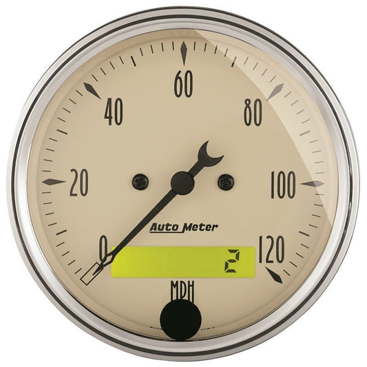 AutoMeter - AutoMeter Gauge Speedo. 3-1/8in. 120MPH Elec. Prog. W/ Lcd Odo Antq Beige - Demon Performance