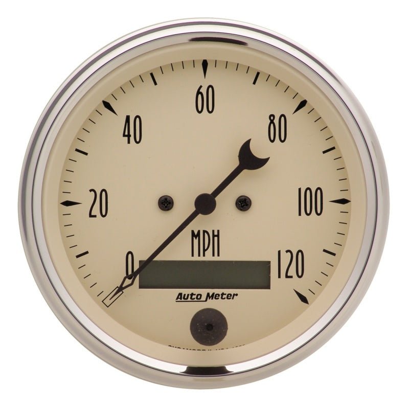 AutoMeter - AutoMeter Gauge Speedo. 3-3/8in. 120MPH Elec. Prog. W/ Lcd Odo Antq Beige - Demon Performance
