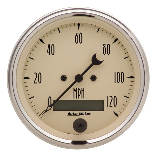 AutoMeter - AutoMeter Gauge Speedo. 3-3/8in. 120MPH Elec. Prog. W/ Lcd Odo Antq Beige - Demon Performance