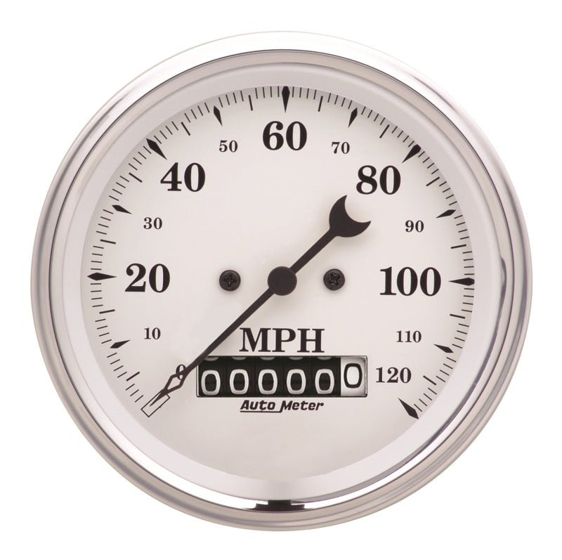 AutoMeter - AutoMeter Gauge Speedo. 3-3/8in. 120MPH Elec. Prog. W/ Wheel Odo Old Tyme White - Demon Performance