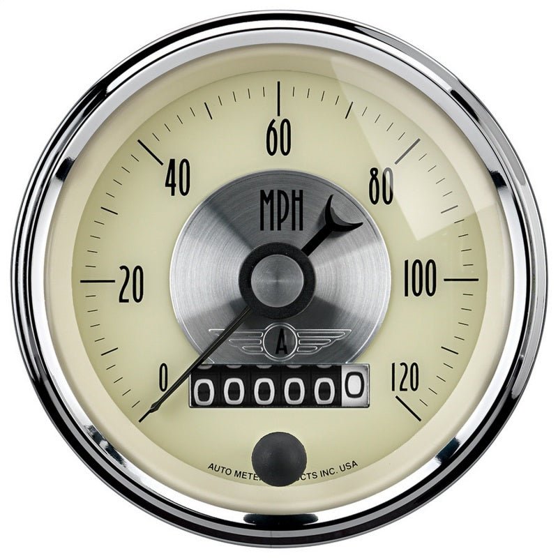 AutoMeter - AutoMeter Gauge Speedo 3-3/8in. 120MPH Elec. Program W/Wheel Odo Prestige Antq. Ivory - Demon Performance