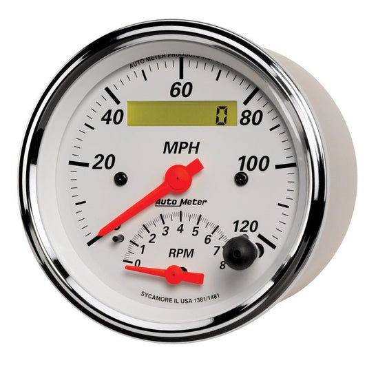 AutoMeter - AutoMeter Gauge Tach/Speedo 3-3/8in. 120MPH & 8K RPM Elec. Program. Arctic White - Demon Performance
