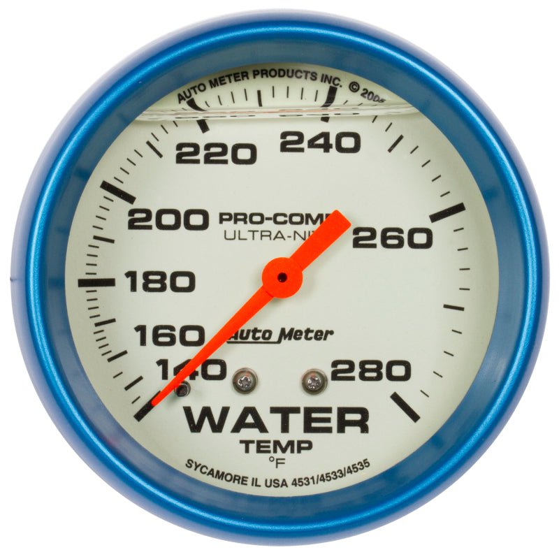 AutoMeter - AutoMeter Gauge Wtemp 2-5/8in. 140-280 Deg. F Liq Filld Mech 4ft. Glow In Dark Ultra-Nite - Demon Performance