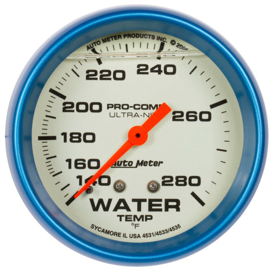 AutoMeter - AutoMeter Gauge Wtemp 2-5/8in. 140-280 Deg. F Liq Filld Mech 4ft. Glow In Dark Ultra-Nite - Demon Performance