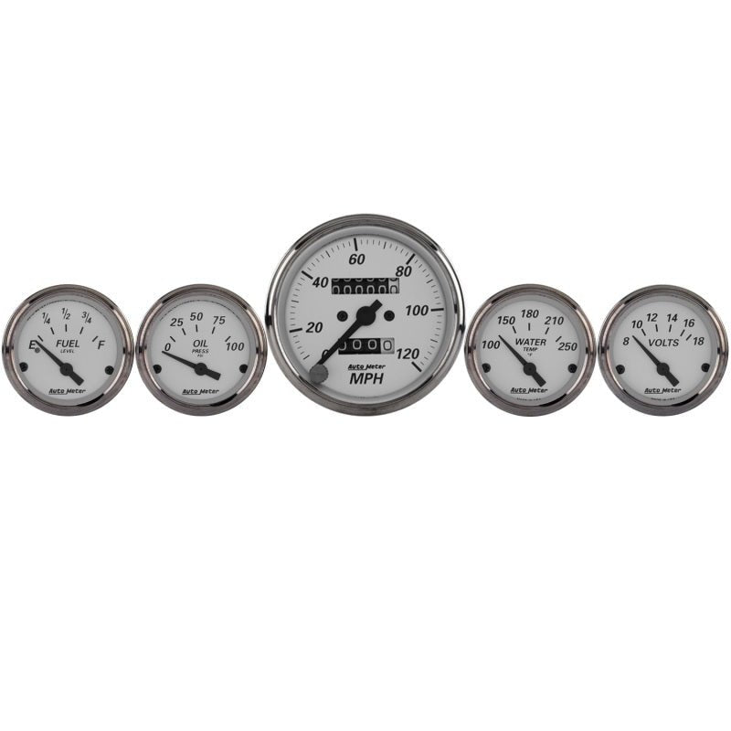 AutoMeter - Autometer Silver 5 Pc Kit Box w/ Mech. Speedo / Elec Oil Press / Water Temp / Volt / Fuel Level - Demon Performance