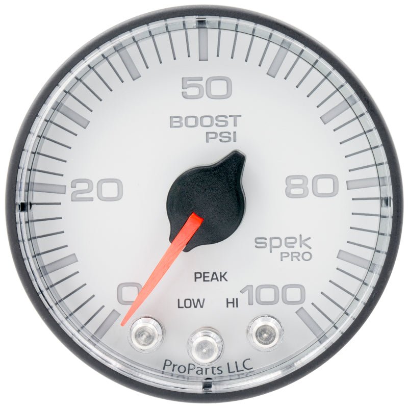 AutoMeter - Autometer Spek-Pro 2 1/16in 100PSI Stepper Motor W/Peak & Warn White/Black Boost Gauge - Demon Performance