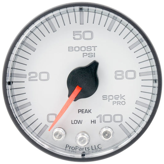 AutoMeter - Autometer Spek-Pro 2 1/16in 100PSI Stepper Motor W/Peak & Warn White/Black Boost Gauge - Demon Performance