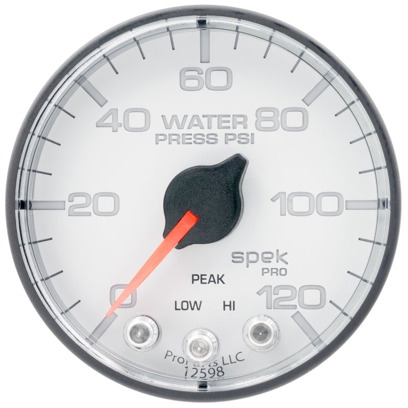 AutoMeter - Autometer Spek-Pro 2 1/16in 120PSI Stepper Motor W/Peak & Warn White/Black Water Pressure Gauge - Demon Performance