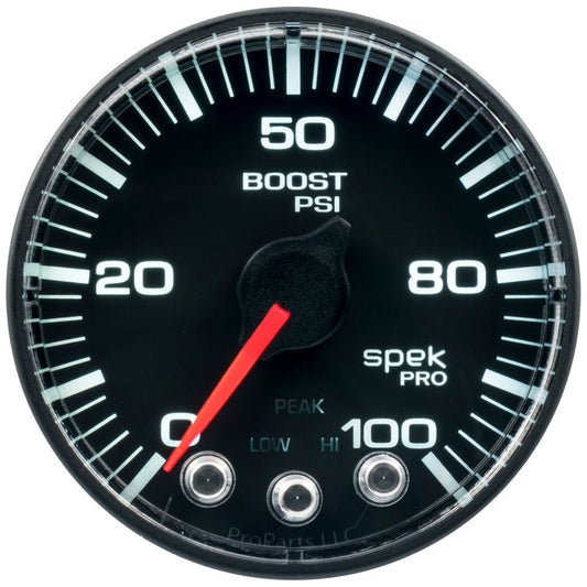 AutoMeter - Autometer Spek-Pro Gauge Boost 2 1/16in 100psi Stepper Motor W/Peak & Warn Blk/Blk - Demon Performance