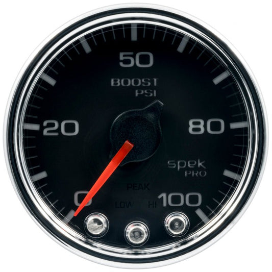 AutoMeter - Autometer Spek-Pro Gauge Boost 2 1/16in 100psi Stepper Motor W/Peak & Warn Blk/Chrm - Demon Performance