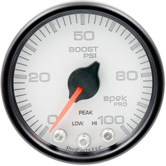 AutoMeter - Autometer Spek-Pro Gauge Boost 2 1/16in 100psi Stepper Motor W/Peak & Warn Wht/Blk - Demon Performance