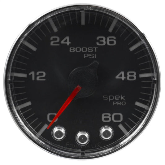 AutoMeter - Autometer Spek-Pro Gauge Boost 2 1/16in 60psi Stepper Motor W/Peak & Warn Blk/Chrm - Demon Performance