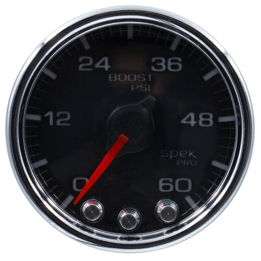 AutoMeter - Autometer Spek-Pro Gauge Boost 2 1/16in 60psi Stepper Motor W/Peak & Warn Blk/Chrm - Demon Performance