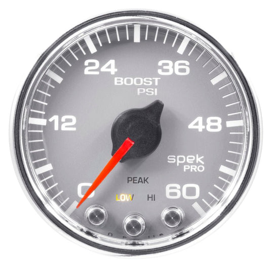 AutoMeter - Autometer Spek-Pro Gauge Boost 2 1/16in 60psi Stepper Motor W/Peak & Warn Slvr/Chrm - Demon Performance