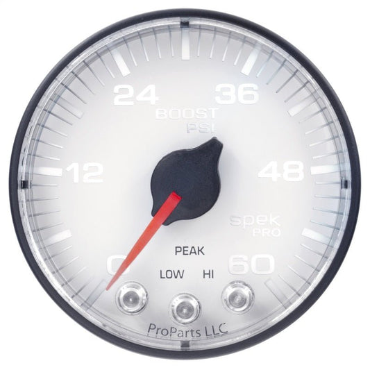 AutoMeter - Autometer Spek-Pro Gauge Boost 2 1/16in 60psi Stepper Motor W/Peak & Warn Wht/Blk - Demon Performance