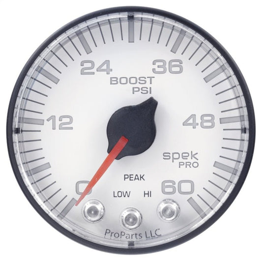 AutoMeter - Autometer Spek-Pro Gauge Boost 2 1/16in 60psi Stepper Motor W/Peak & Warn Wht/Blk - Demon Performance