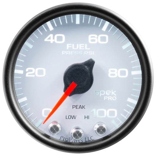 AutoMeter - Autometer Spek-Pro Gauge Fuel Press 2 1/16in 100psi Stepper Motor W/Peak & Warn Wht/Blk - Demon Performance