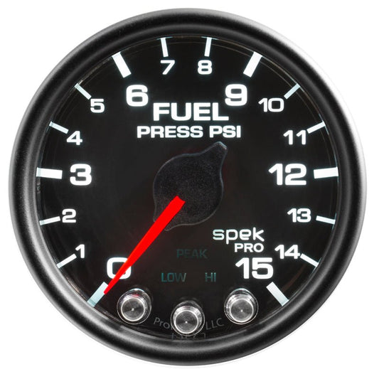 AutoMeter - Autometer Spek-Pro Gauge Fuel Press 2 1/16in 15psi Stepper Motor W/Peak & Warn Blk/Blk - Demon Performance