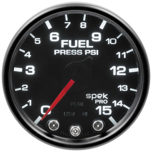 AutoMeter - Autometer Spek-Pro Gauge Fuel Press 2 1/16in 15psi Stepper Motor W/Peak & Warn Blk/Smoke/Blk - Demon Performance