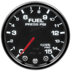 AutoMeter - Autometer Spek-Pro Gauge Fuel Press 2 1/16in 15psi Stepper Motor W/Peak & Warn Blk/Smoke/Blk - Demon Performance