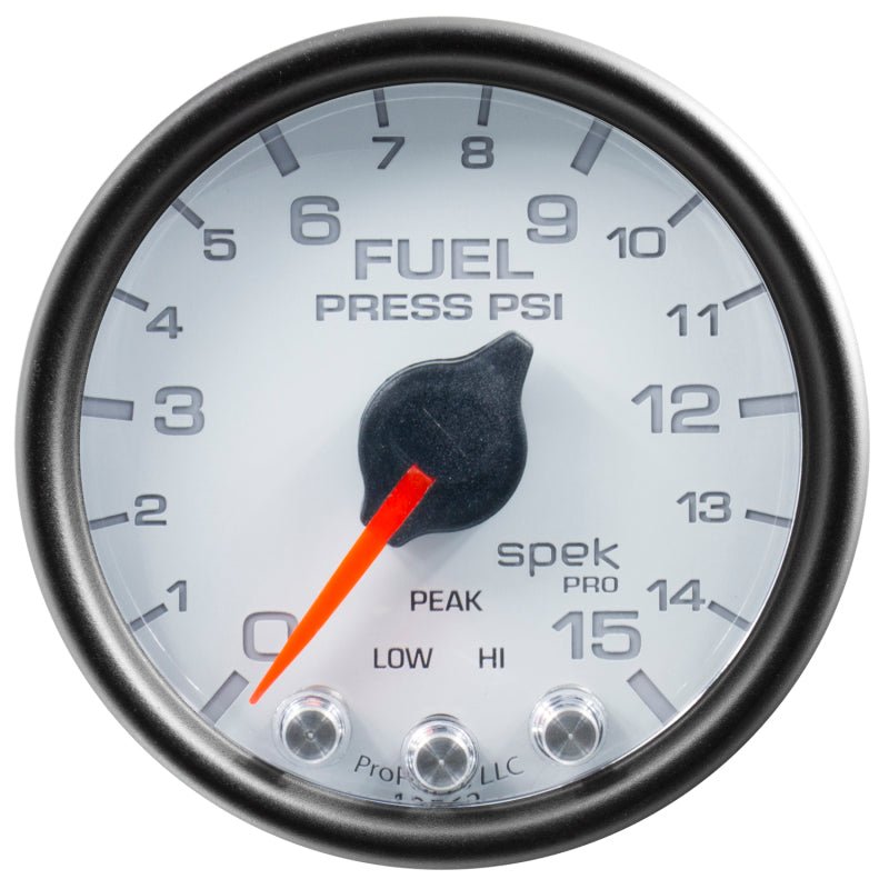 AutoMeter - Autometer Spek-Pro Gauge Fuel Press 2 1/16in 15psi Stepper Motor W/Peak & Warn Wht/Blk - Demon Performance