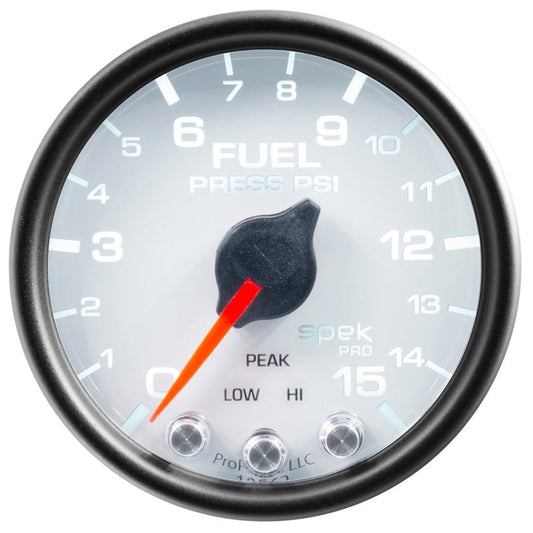 AutoMeter - Autometer Spek-Pro Gauge Fuel Press 2 1/16in 15psi Stepper Motor W/Peak & Warn Wht/Blk - Demon Performance