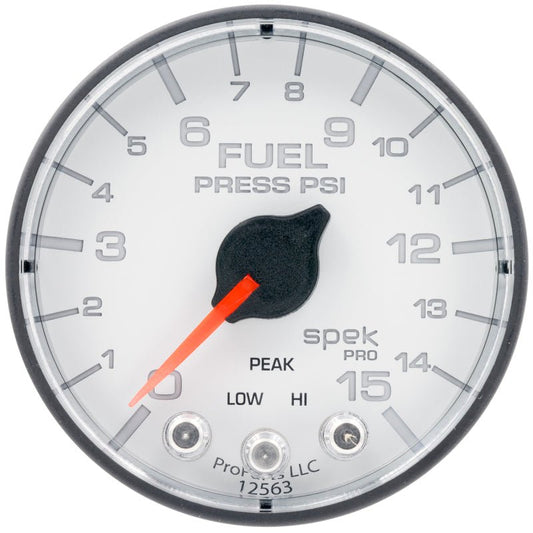 AutoMeter - Autometer Spek-Pro Gauge Fuel Press 2 1/16in 15psi Stepper Motor W/Peak & Warn Wht/Blk - Demon Performance