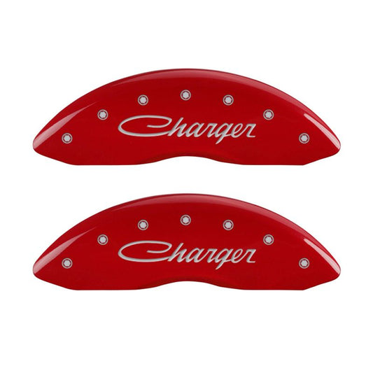 MGP 4 Caliper Covers Engraved Front & Rear Cursive/Charger Red finish silver ch