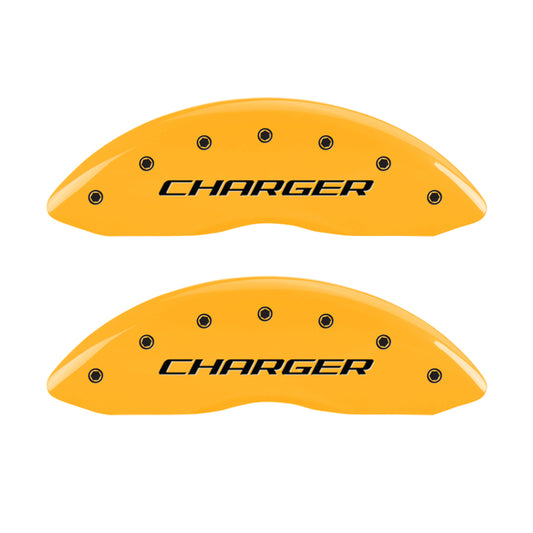 MGP 4 Caliper Covers Engraved Front & Rear Block/Charger Yellow finish black ch