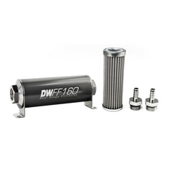 DeatschWerks - DeatschWerks Stainless Steel 3/8in 100 Micron Universal Inline Fuel Filter Housing Kit (160mm) - Demon Performance