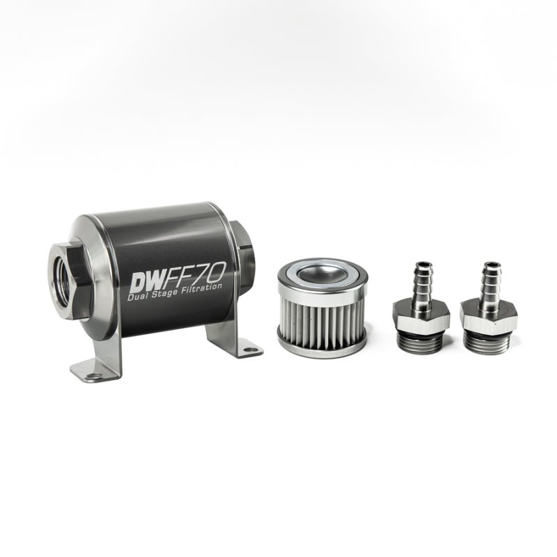 DeatschWerks - DeatschWerks Stainless Steel 5/16in 10 Micron Universal Inline Fuel Filter Housing Kit (70mm) - Demon Performance