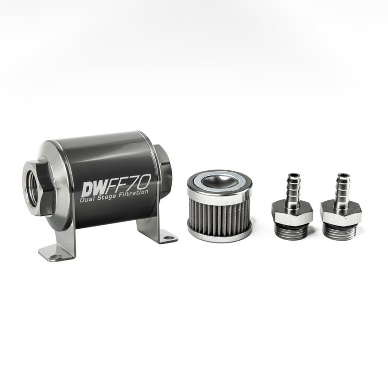 DeatschWerks - DeatschWerks Stainless Steel 5/16in 40 Micron Universal Inline Fuel Filter Housing Kit (70mm) - Demon Performance