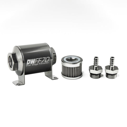 DeatschWerks - DeatschWerks Stainless Steel 5/16in 40 Micron Universal Inline Fuel Filter Housing Kit (70mm) - Demon Performance