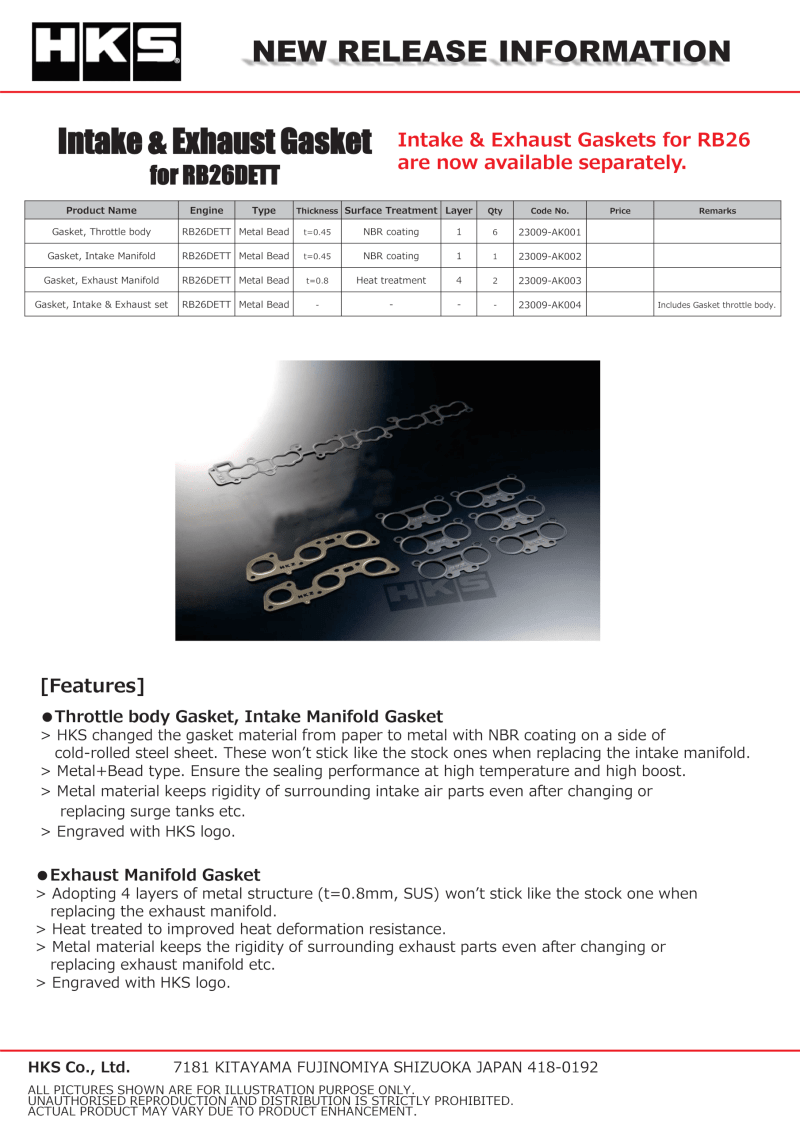 HKS - HKS GASKET INTAKE MANIFOLD - Demon Performance