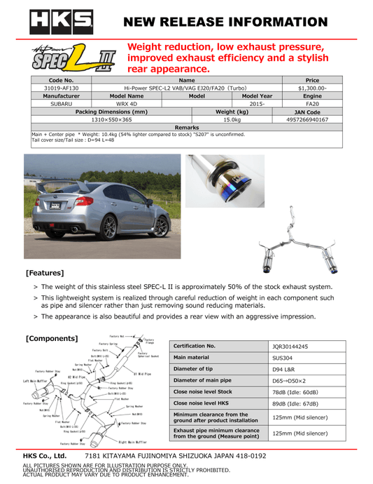 HKS - HKS Hi-Power SPEC-L2 VAB EJ20 - Demon Performance